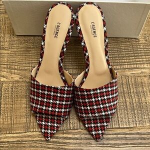 L'AGENCE Lolita Red Black White Houndstooth Pointed Slip-On Heel